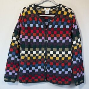 Talbots Cardigan Women Med Multi Color Excellent Hand Knit Silk Blend Checkered